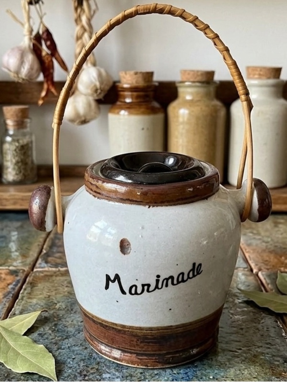 Vintage Ceramic Marinade Pot with Bamboo Handle